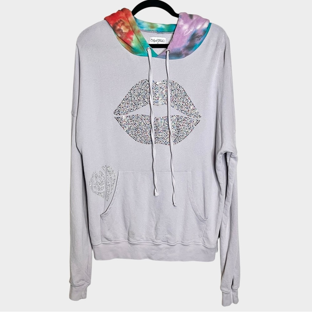 LAUREN MOSHI Lavender Rhinestone Lips Hoodie Tie-Dye Hood Size XS Very oversized